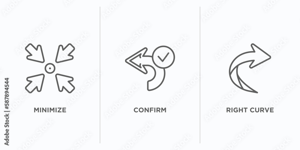 Poster arrows outline icons set. thin line icons such as minimize, confirm, right curve vector. linear icon