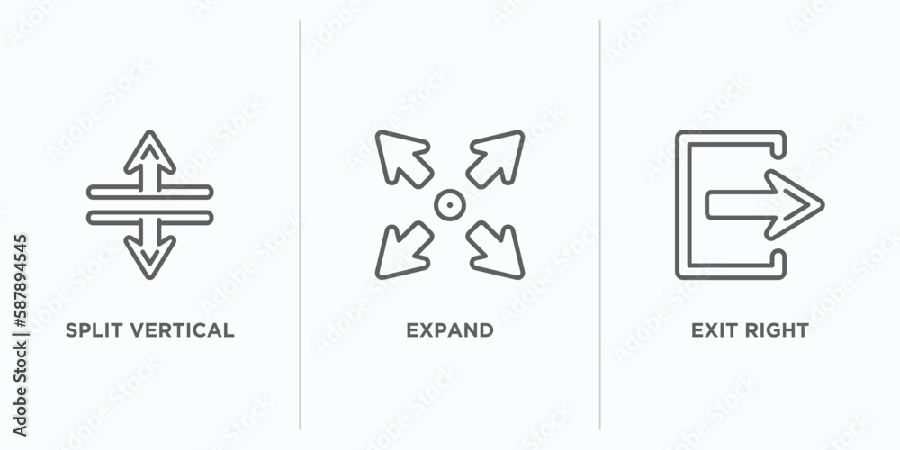 Poster arrows outline icons set. thin line icons such as split vertical, expand, exit right vector. linear 
