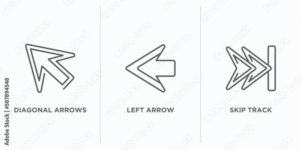 Poster arrows outline icons set. thin line icons such as diagonal arrows, left arrow, skip track vector. li