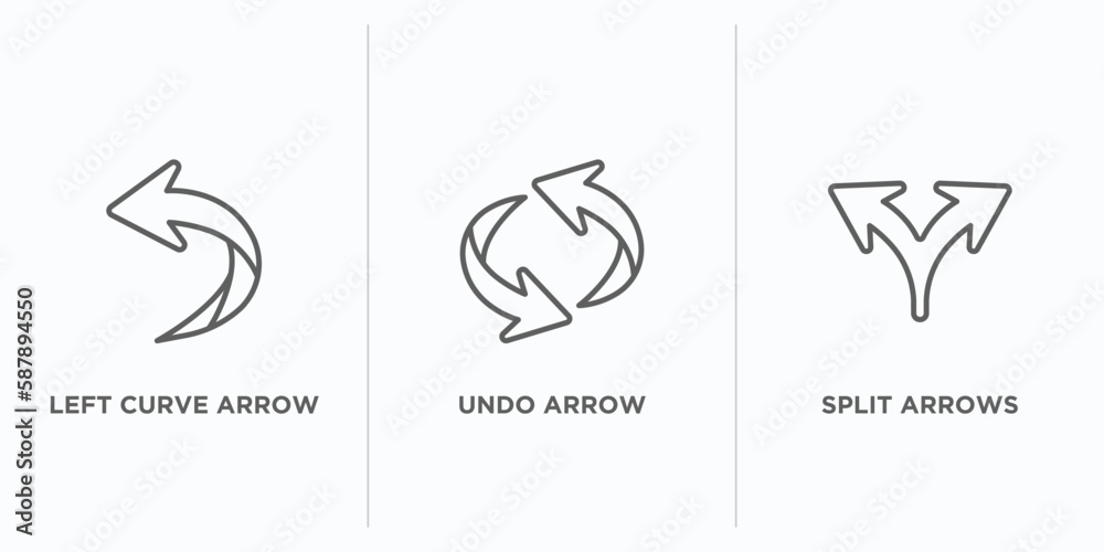 Poster arrows outline icons set. thin line icons such as left curve arrow, undo arrow, split arrows vector.