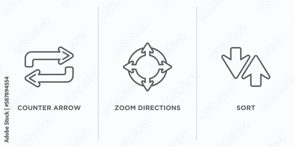 Poster arrows outline icons set. thin line icons such as counter arrow, zoom directions, sort vector. linea