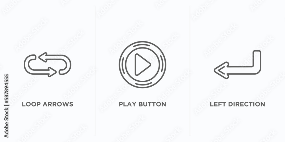 Poster arrows outline icons set. thin line icons such as loop arrows, play button, left direction vector. l