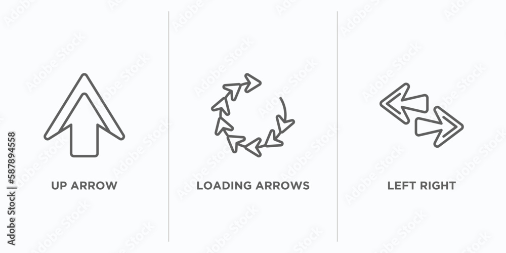 Poster arrows outline icons set. thin line icons such as up arrow, loading arrows, left right vector. linea