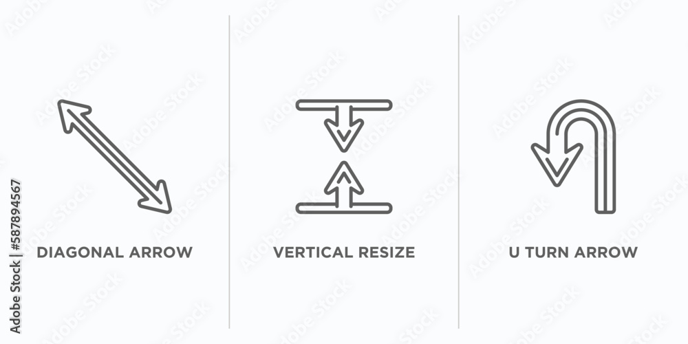 Poster arrows outline icons set. thin line icons such as diagonal arrow, vertical resize, u turn arrow vect