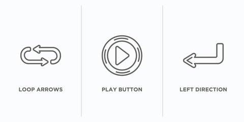 arrows outline icons set. thin line icons such as loop arrows, play button, left direction vector. linear icon sheet can be used web and mobile