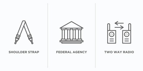 army and war outline icons set. thin line icons such as shoulder strap, federal agency, two way radio vector. linear icon sheet can be used web and mobile