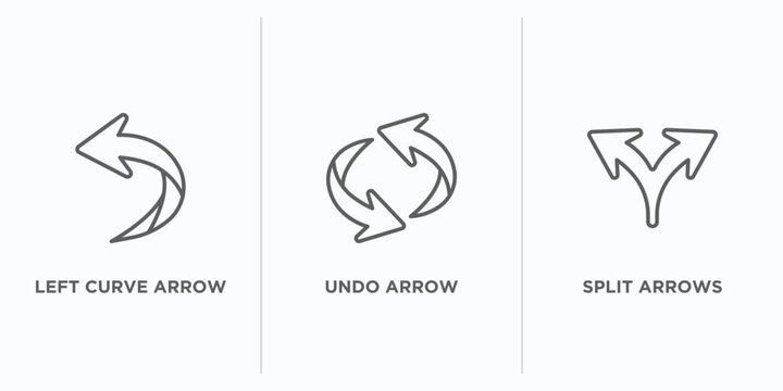 arrows outline icons set. thin line icons such as left curve arrow, undo arrow, split arrows vector. linear icon sheet can be used web and mobile