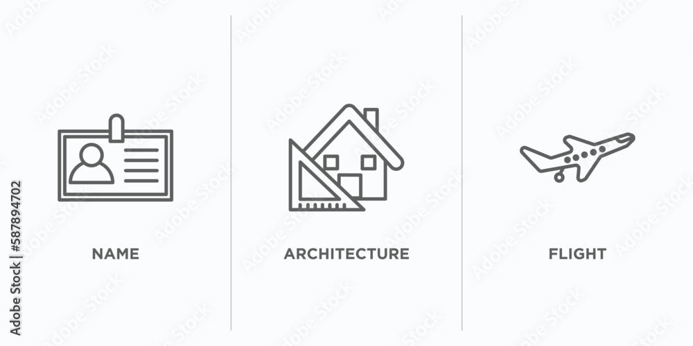 Poster architecture and travel outline icons set. thin line icons such as name, architecture, flight vector