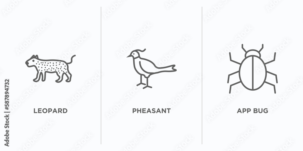 Poster animals outline icons set. thin line icons such as leopard, pheasant, app bug vector. linear icon sh