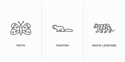 animals outline icons set. thin line icons such as moth, marten, snow leopard vector. linear icon sheet can be used web and mobile
