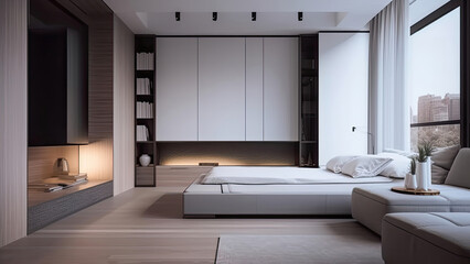 Fototapeta na wymiar An apartment building bedroom with a minimalistic interior, featuring white color walls, and floor-to-ceiling windows that provide a city view: photorealistic illustration, Generative AI
