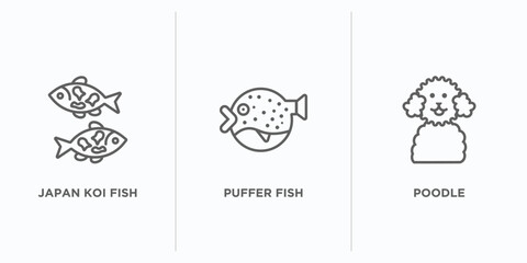 animals outline icons set. thin line icons such as japan koi fish, puffer fish, poodle vector. linear icon sheet can be used web and mobile