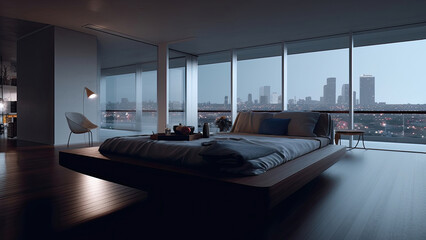 A spacious bedroom in a high-rise apartment building with a panoramic city view at night, adorned with sleek and minimalistic interior design elements: photorealistic illustration, Generative AI