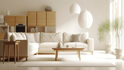 A sunlit living room with a minimalist interior, showcasing wood furniture and walls finished in a white color: photorealistic illustration, Generative AI
