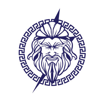 A greek god of zeus logo with long beard and hair white background