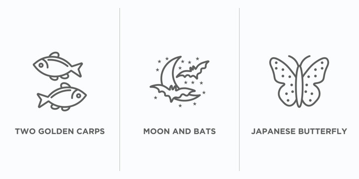 animals outline icons set. thin line icons such as two golden carps, moon and bats, japanese butterfly vector. linear icon sheet can be used web and mobile