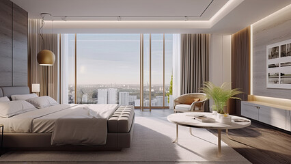 Fototapeta na wymiar A bedroom with a minimalistic interior, featuring floor-to-ceiling glass windows that provide panoramic city views: photorealistic illustration, Generative AI