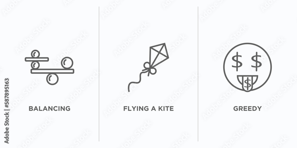 Poster activity and hobbies outline icons set. thin line icons such as balancing, flying a kite, greedy vec