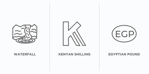 africa outline icons set. thin line icons such as waterfall, kenyan shilling, egyptian pound vector. linear icon sheet can be used web and mobile - obrazy, fototapety, plakaty