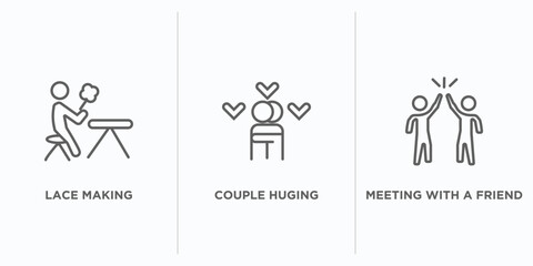 activity and hobbies outline icons set. thin line icons such as lace making, couple huging, meeting with a friend vector. linear icon sheet can be used web and mobile