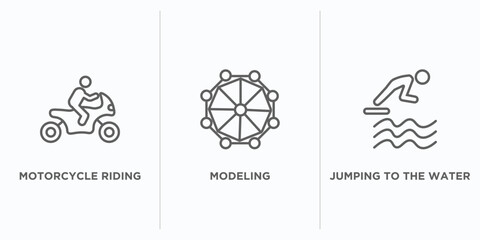 activity and hobbies outline icons set. thin line icons such as motorcycle riding, modeling, jumping to the water vector. linear icon sheet can be used web and mobile