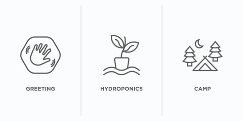 activity and hobbies outline icons set. thin line icons such as greeting, hydroponics, camp vector. linear icon sheet can be used web and mobile