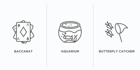 activity and hobbies outline icons set. thin line icons such as baccarat, aquarium, butterfly catcher vector. linear icon sheet can be used web and mobile