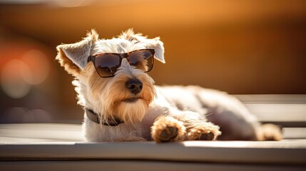 Terrier dog with sunglasses sunbathing on sun lounge. Generative AI