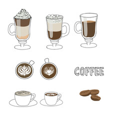 Collection of hand-drawn pictures of coffee cups