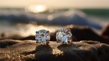 A pair of dazzling diamond earrings that sparkle in the sunlight, with the shimmering sea in the background. The earrings feature a sleek and elegant design, perfect for any occasion. The diamonds are - obrazy, fototapety, plakaty