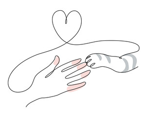 一筆書き　手をつなぐ人と猫