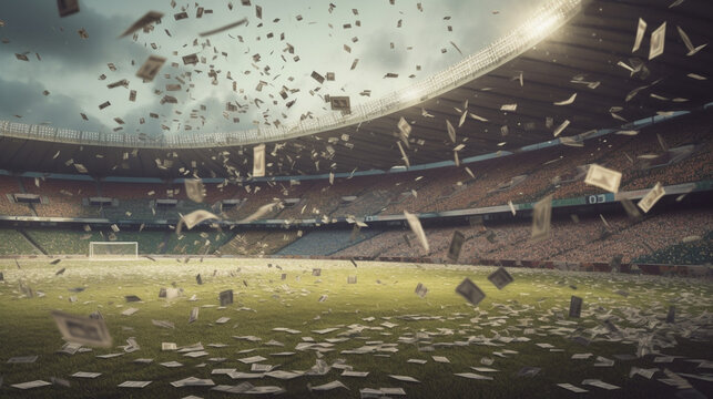 Banknotes falling on the soccer stadium Generated AI