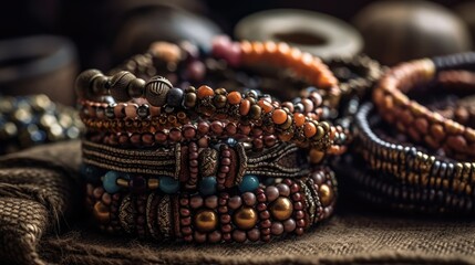 This image showcases a stunning collection of boho-chic beaded bracelets in earthy tones. Each bracelet is handcrafted with a unique combination of natural stones, wooden, and metal beads to create a 