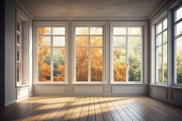 Fototapeta na wymiar Illustration of an empty room with multiple windows providing natural light. Generative AI