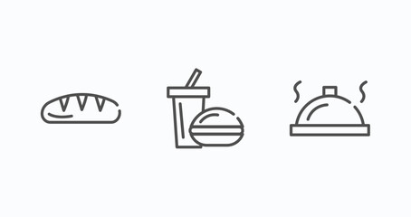 set of 3 thin line icons in food concept. outline icons including loaf of bread thin line, fast food restaurant thin line, salver vector. can be used web and mobile.