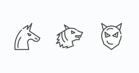 Fototapeta na wymiar set of 3 thin line icons in fairy tale concept. outline icons including myth thin line, werewolf thin line, evil vector. can be used web and mobile.
