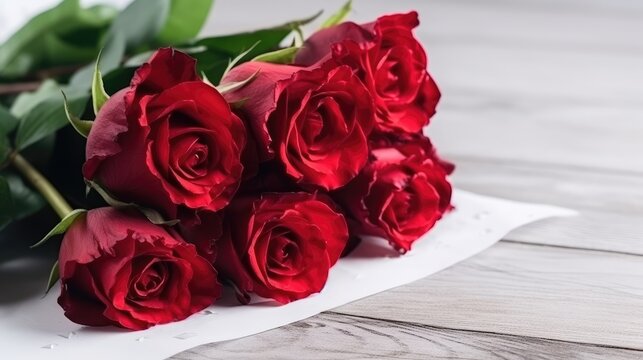 This is a closeup photograph of a beautiful bouquet of red roses wrapped in paper. The vibrant red color of the roses stands out against the neutral background, making for a striking and romantic imag