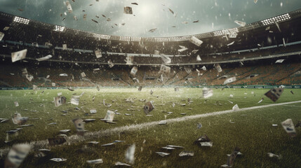 Banknotes raining on the soccer field Generated AI