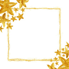 Watercolor gold star shape with gold glitter frame square on a transparent background