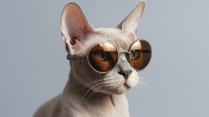  This close-up portrait features a hilarious Abyssinian cat donning a pair of sunglasses. With its bright eyes and adorable expression, this feline is sure to bring a smile to anyone's face.