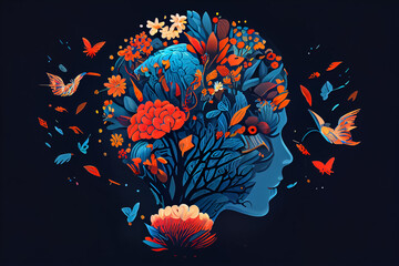Obraz na płótnie Canvas illustration of human brain with flowers world day of mental and physical health. AI