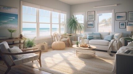 Fototapeta na wymiar The furniture is crafted from natural materials such as rattan and wood, lending a beachy and organic feel to the space. Large windows allow for plenty of natural light to flood the room, creating a b