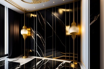 Graphic representation of Luxurious Black Marble with Gold Veins. Generative AI. 