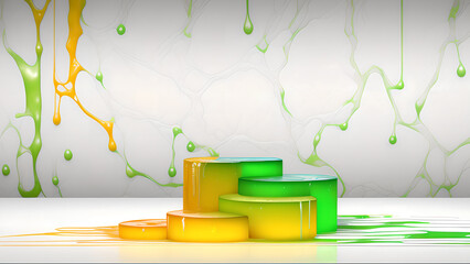 Stepped podium on a white background with liquid streaks green and yellow colors. Ai generative illustration