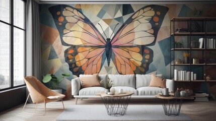 Living Living Room With Full Wall Geometric Butterfly Interior Design. Generative AI