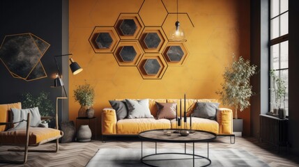 Living Living Room With Full Wall Geometric Bee Interior Design. Generative AI