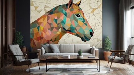 Living Living Room With Full Wall Geometric Horse Interior Design. Generative AI