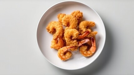 Top View, White Round Plate With Fried Shrimp. Generative AI