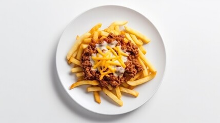 Top View, White Round Plate With Chili Cheese Fries. Generative AI