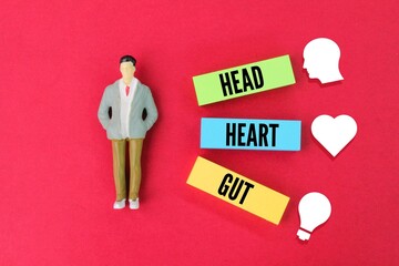 miniature people with the words head, heart and gut. How to make conscious decisions. Decision...